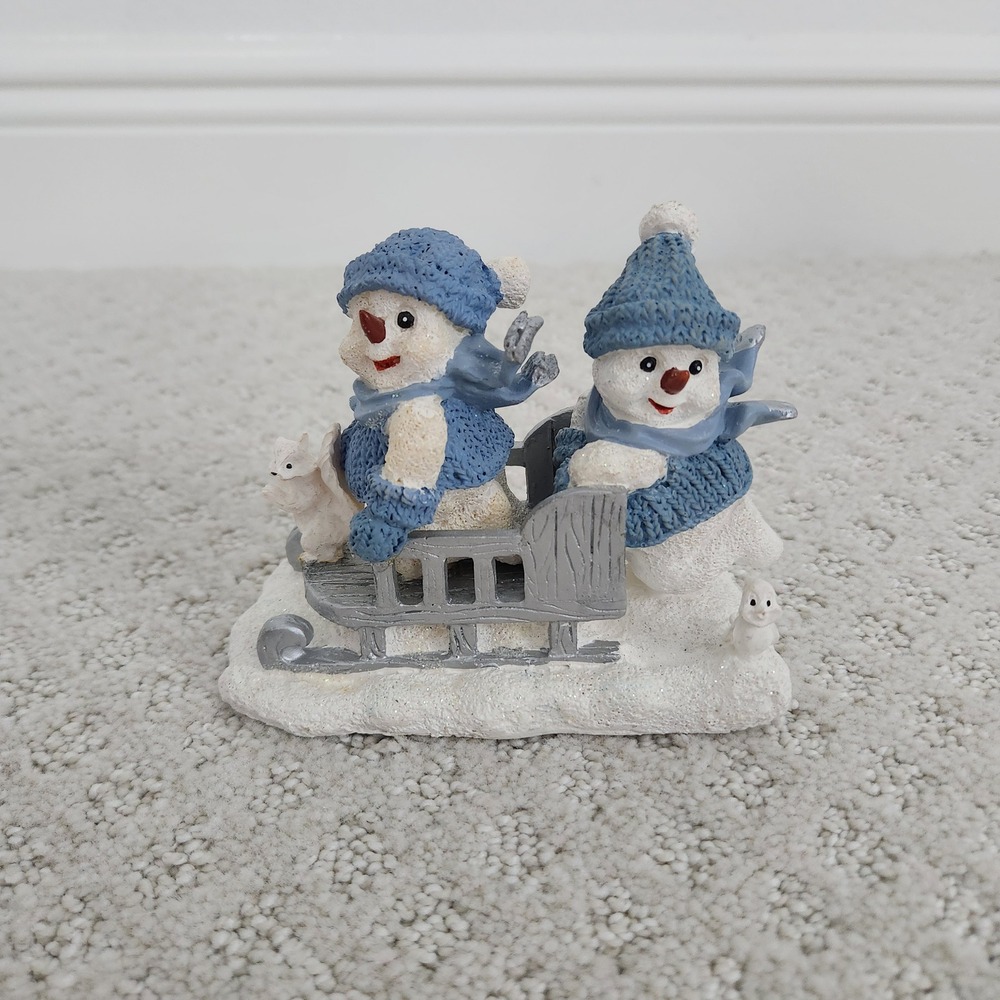 Home Interiors Gifts Snowman Sled Blue Sweaters Winter Decor Christmas Figurine